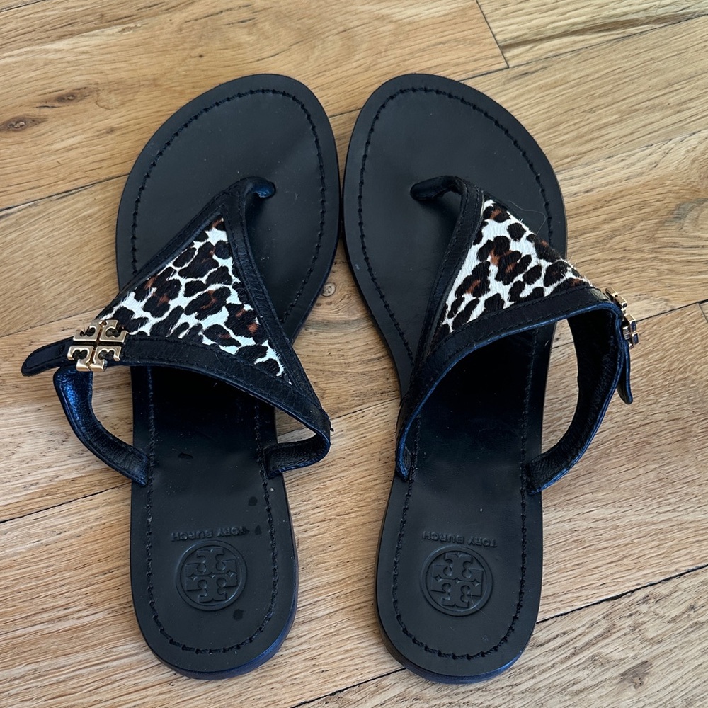 Tory Burch Black and Animal Print Sandals